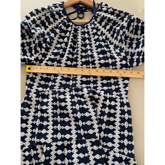 Maje Women's Size 34 Navy Woven Embroidered Frills Round Neck Trapeze Mini Dress - Picture 8 of 13
